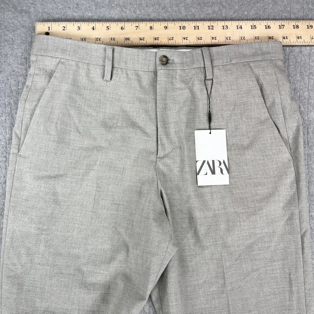 New Zara‎ Dress Pants Mens 31/33X31 Beige Textured Slim Fit Flat Front Trousers